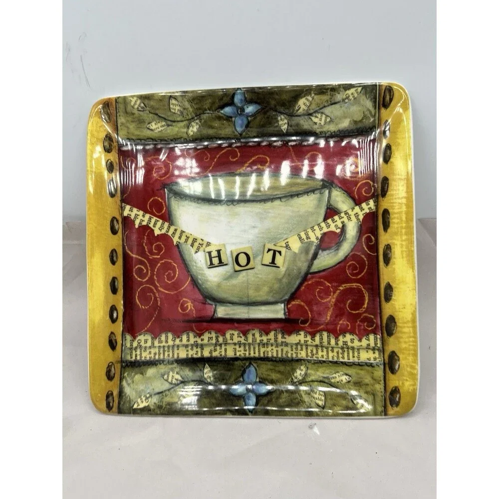 Certified International Ceramic Square Plate Coffee Cup Red Black Beige